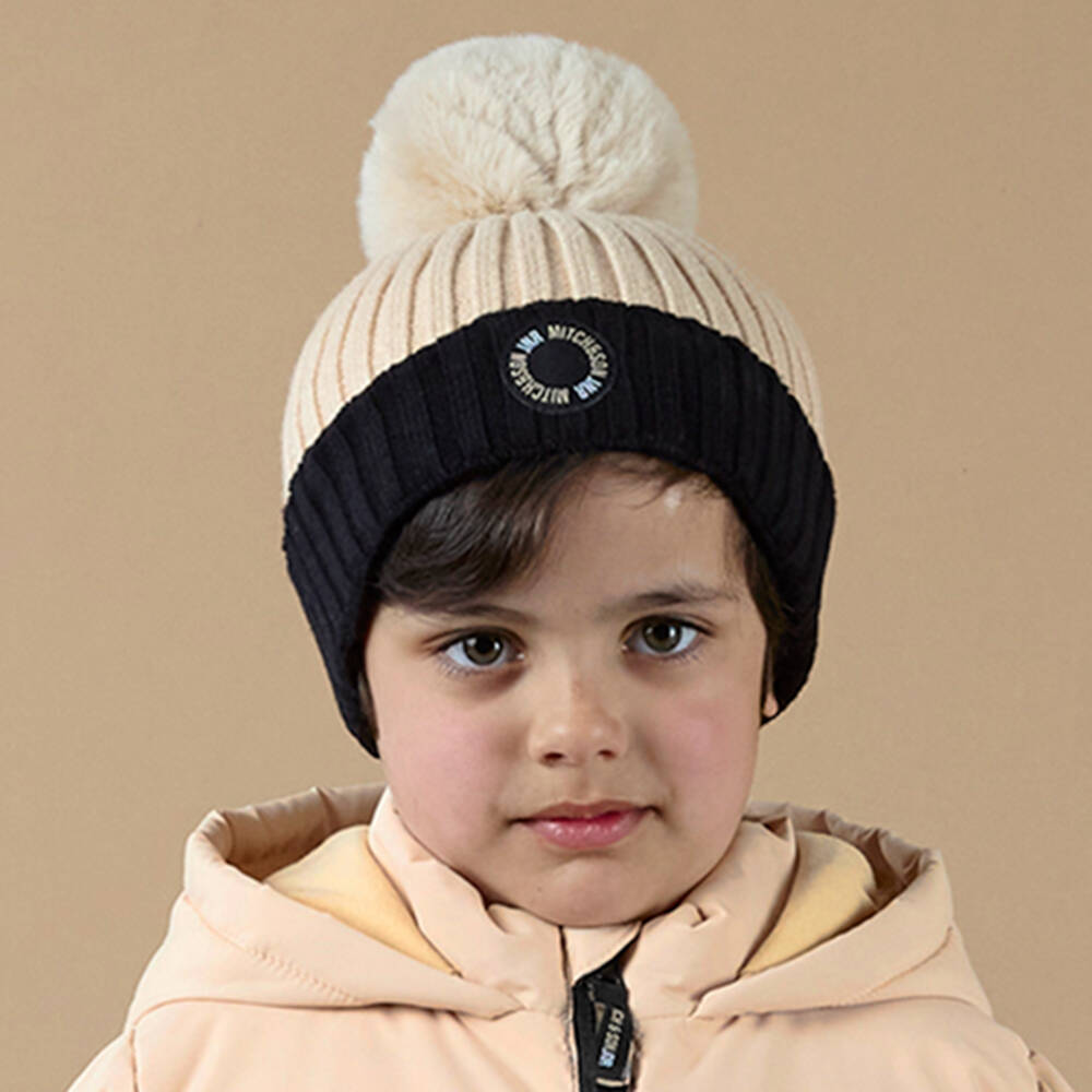Mitch & Son-Boys Beige Ribbed Knit Hat with Faux Fur Pom-Pom | Childrensalon Outlet