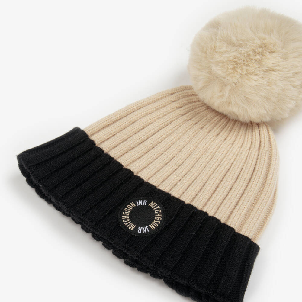 Mitch & Son-Boys Beige Ribbed Knit Hat with Faux Fur Pom-Pom | Childrensalon Outlet