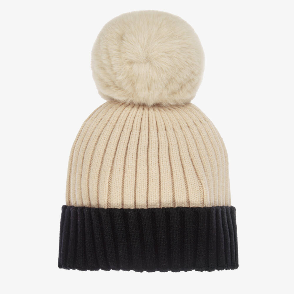 Mitch & Son-Boys Beige Ribbed Knit Hat with Faux Fur Pom-Pom | Childrensalon Outlet