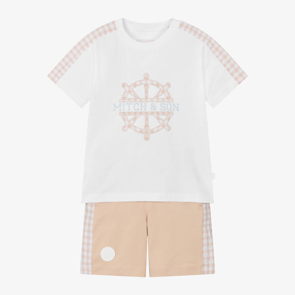 Mitch & Son-Boys Beige & White Cotton Shorts Set | Childrensalon Outlet