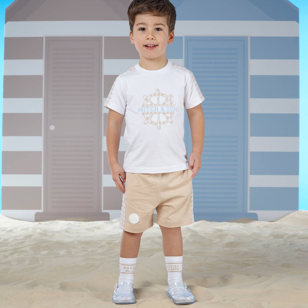 Mitch & Son-طقم شورت قطن جيرسي لون بيج وأبيض للأولاد | Childrensalon Outlet