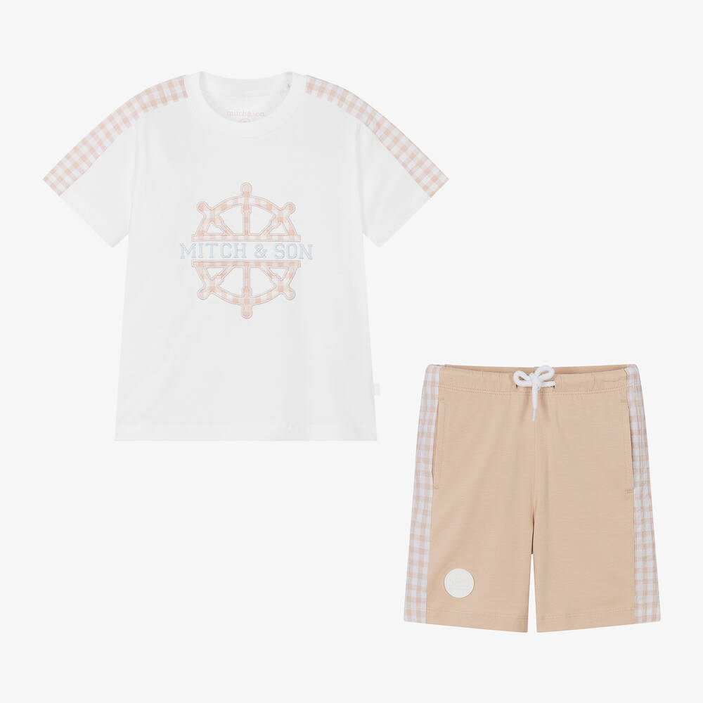 Mitch & Son-طقم شورت قطن جيرسي لون بيج وأبيض للأولاد | Childrensalon Outlet