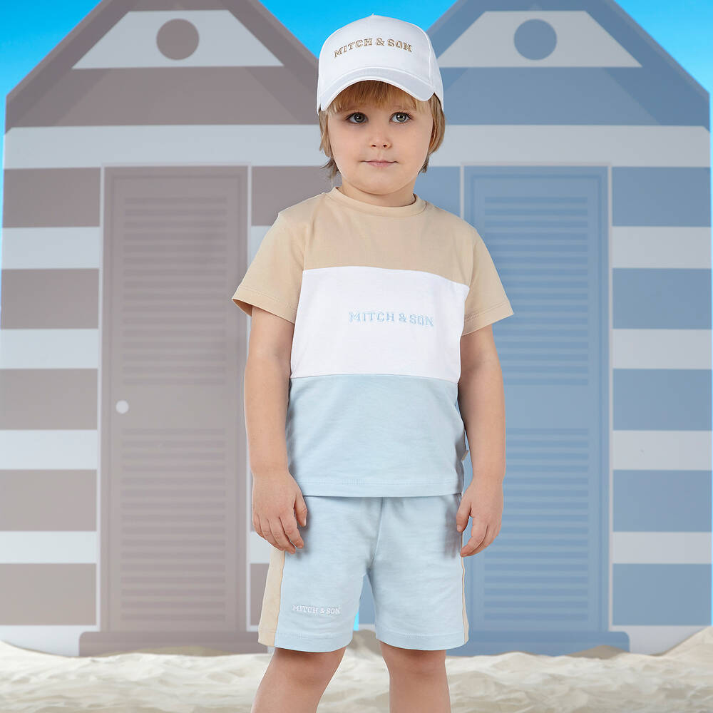 Mitch & Son-Boys Blue & Beige Cotton Shorts Set | Childrensalon Outlet