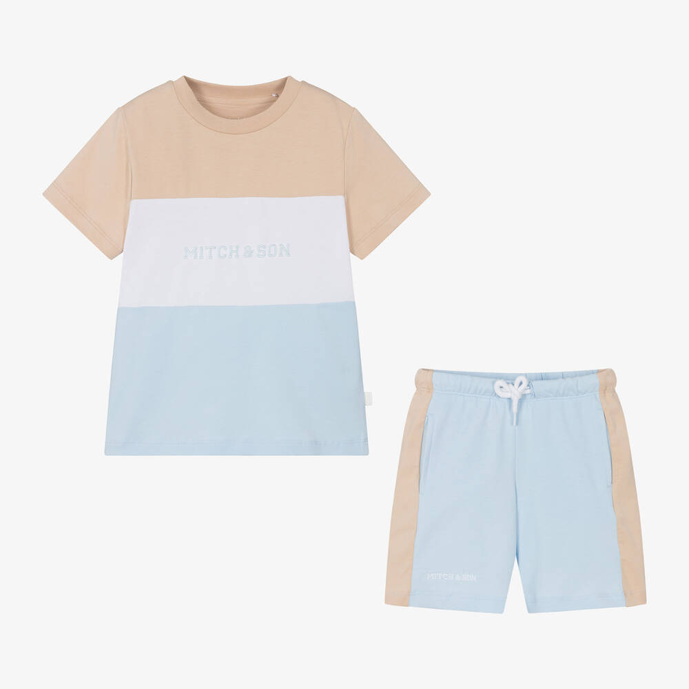 Mitch & Son-Boys Blue & Beige Cotton Shorts Set | Childrensalon Outlet