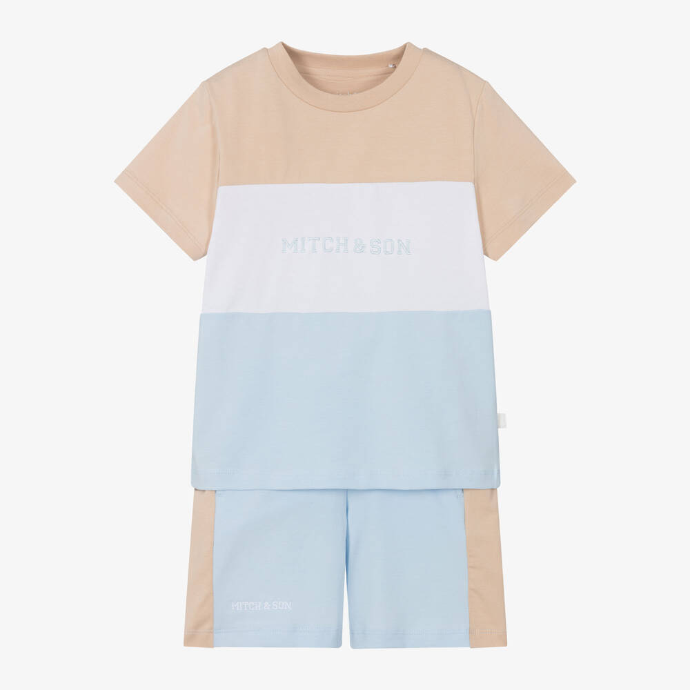 Mitch & Son-Boys Blue & Beige Cotton Shorts Set | Childrensalon Outlet