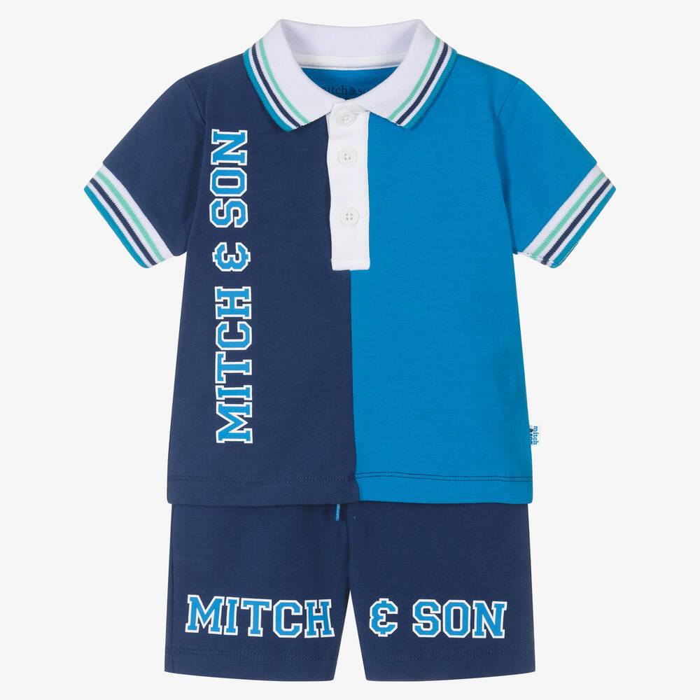 Mitch & Son - Boys Blue Colourblock Logo Shorts Set | Childrensalon