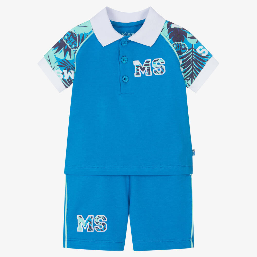 Mitch & Son - Boys Blue Cotton Logo Shorts Set | Childrensalon