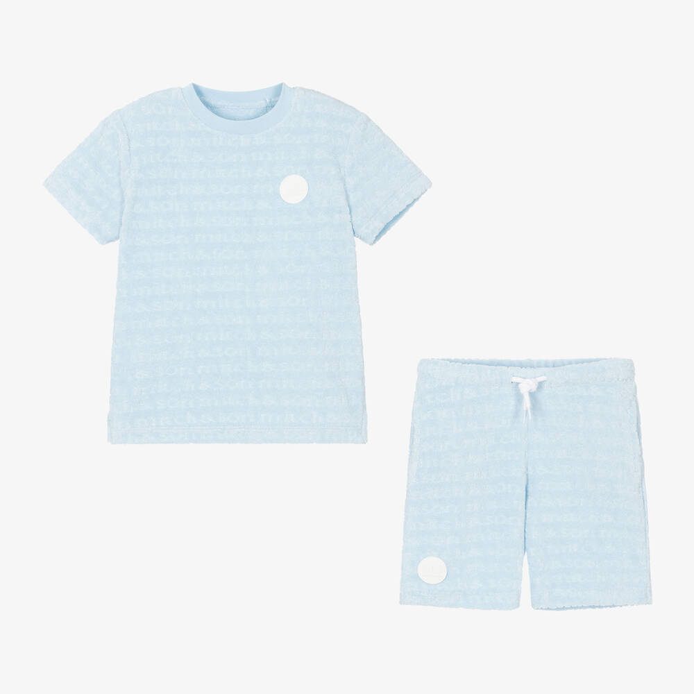 Mitch & Son-Boys Blue Cotton Towelling Shorts Set | Childrensalon Outlet