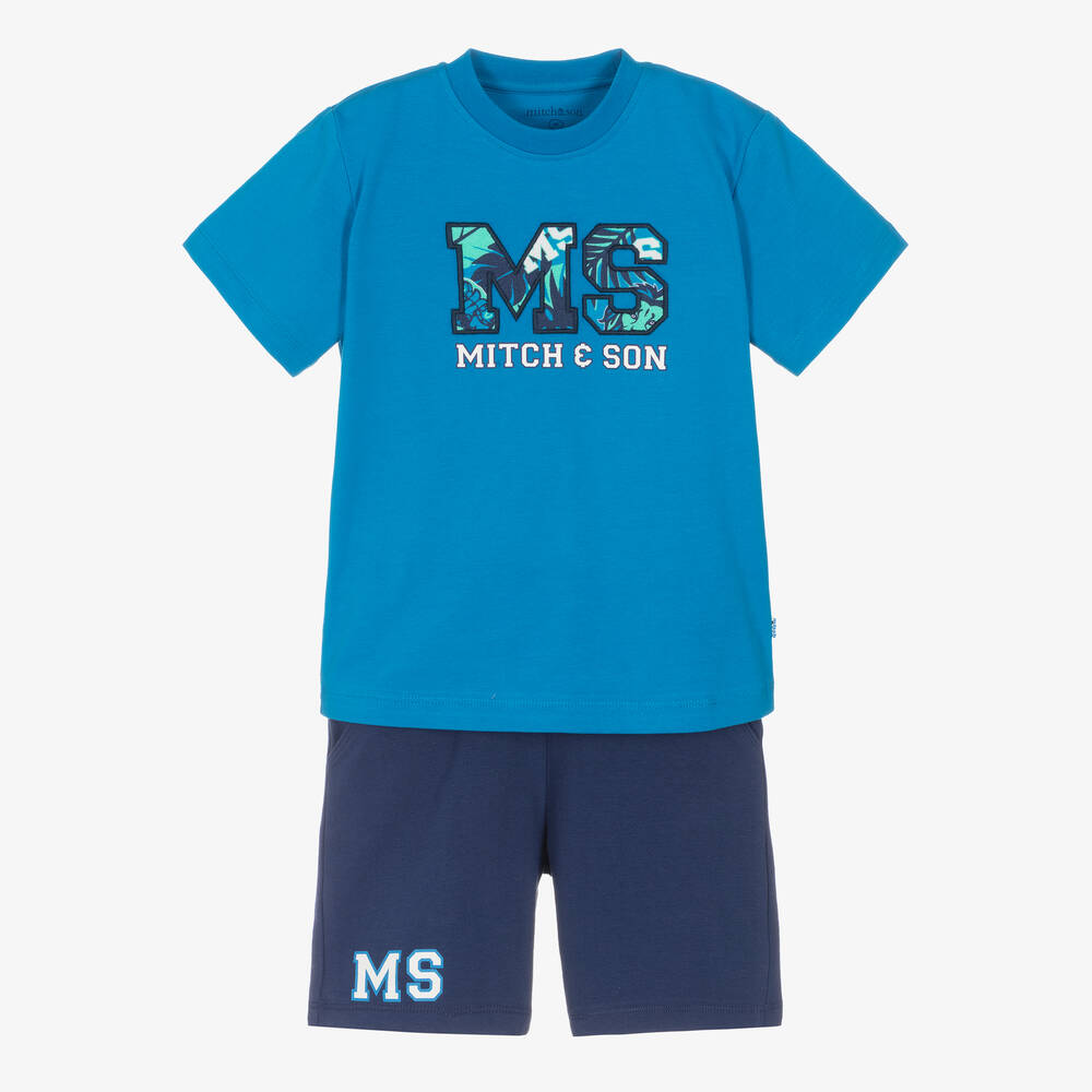 Mitch & Son - طقم شورت قطن جيرسي لون أزرق للأولاد | Childrensalon