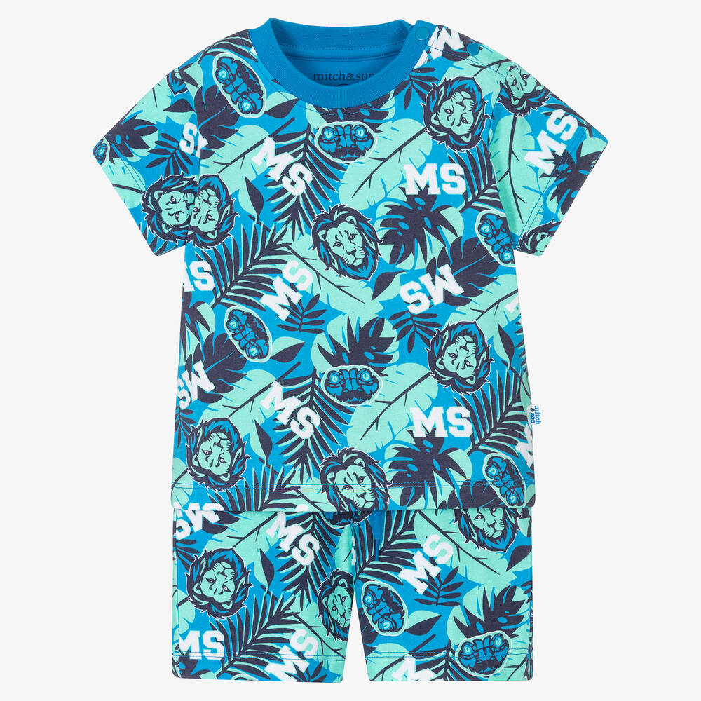 Mitch & Son - Boys Blue & Green Jungle Logo Shorts Set | Childrensalon