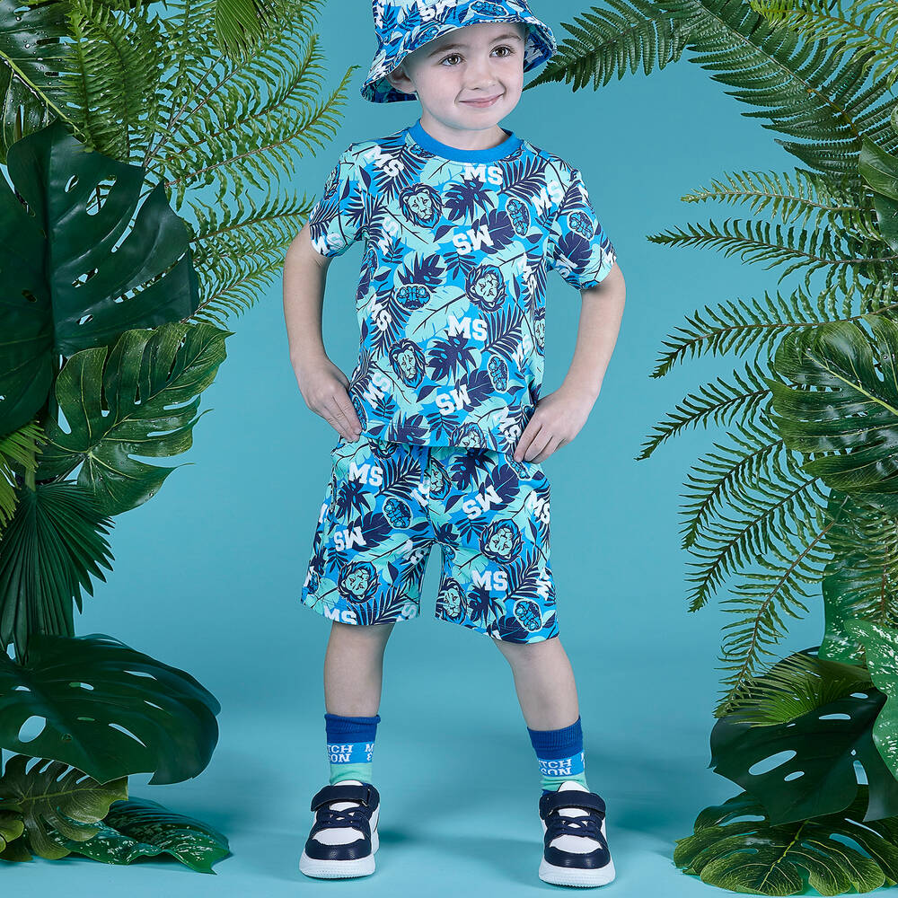 mitch-son-boys-blue-green-jungle-logo-shorts-set-childrensalon