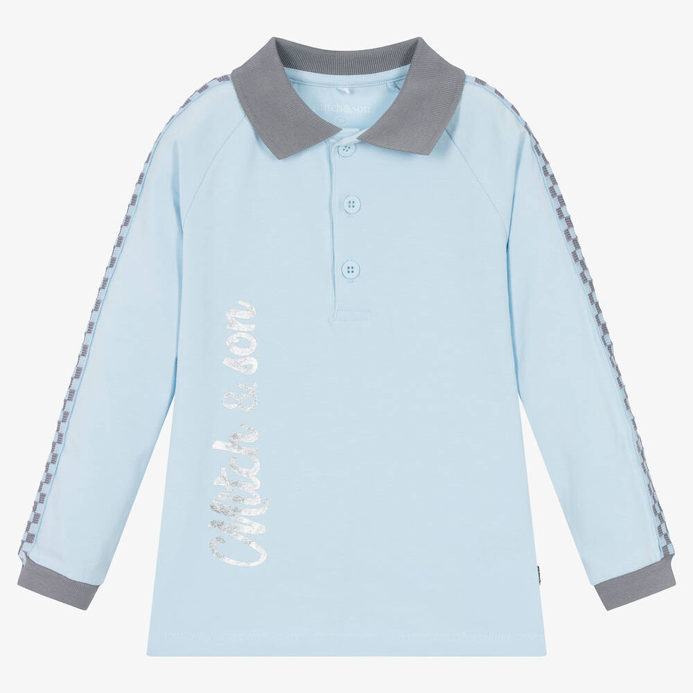 Mitch & Son - Boys Blue & Grey Cotton Polo Top | Childrensalon