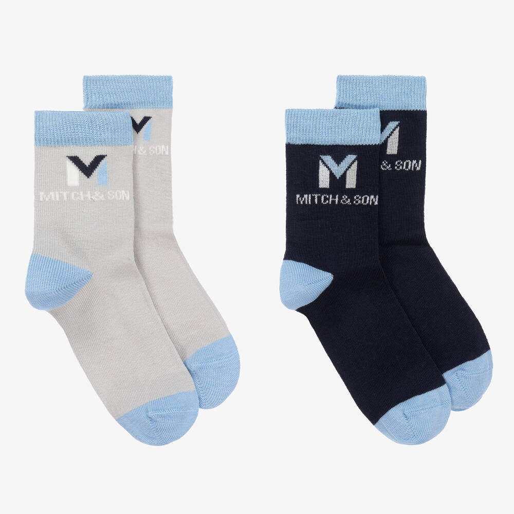 Mitch & Son - Boys Blue & Grey Cotton Socks (2 Pack) | Childrensalon