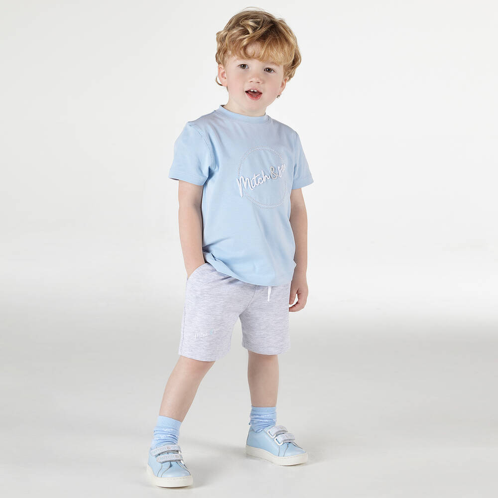 Mitch & Son-طقم شورت قطن جيرسي لون أزرق فاتح ورمادي للأولاد | Childrensalon Outlet