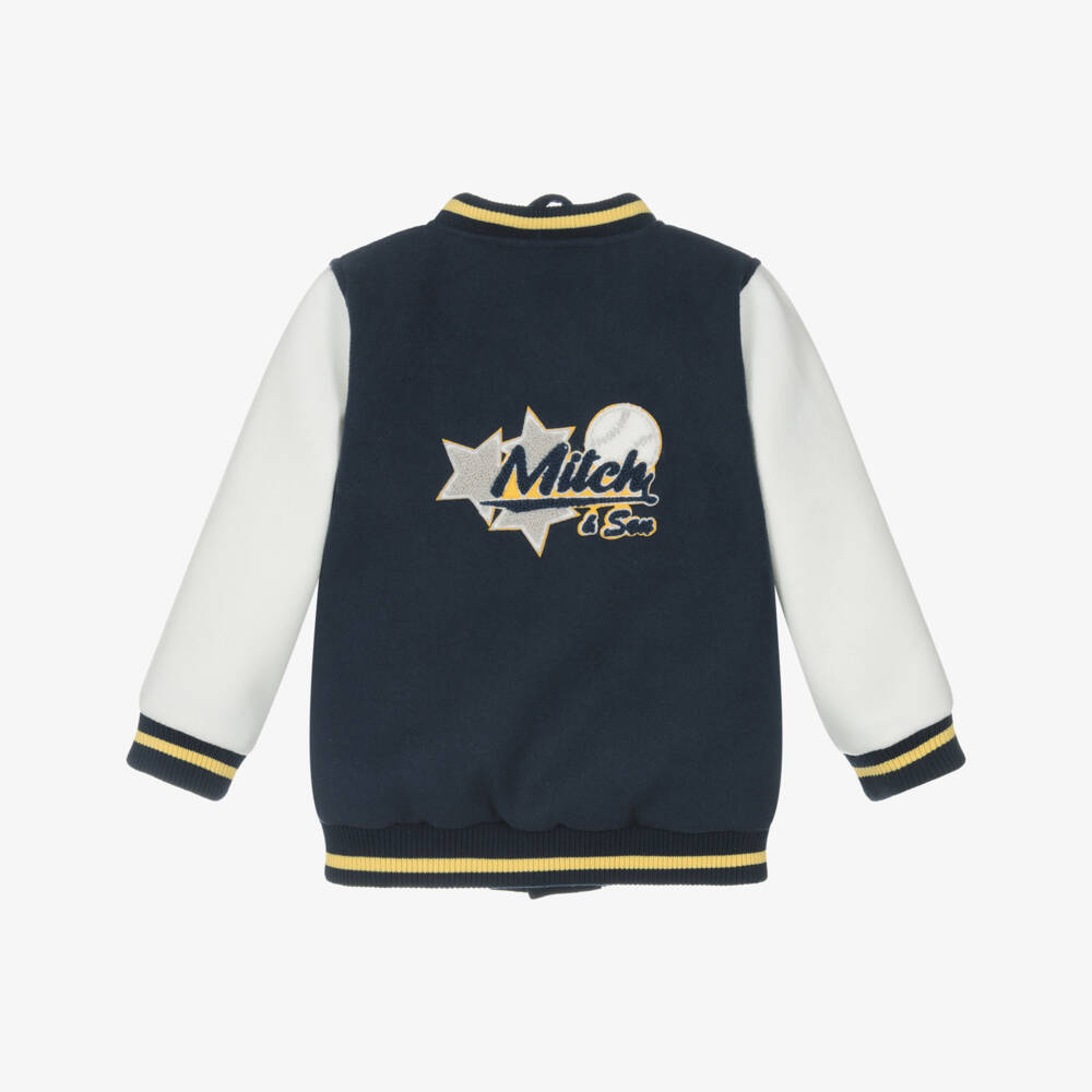 Mitch & Son-Boys Blue & Ivory Felted Varsity Jacket with Bouclé Logos | Childrensalon Outlet