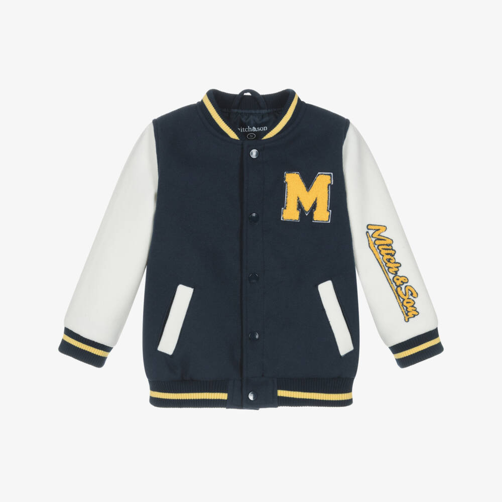 Mitch & Son-Boys Blue & Ivory Felted Varsity Jacket with Bouclé Logos | Childrensalon Outlet