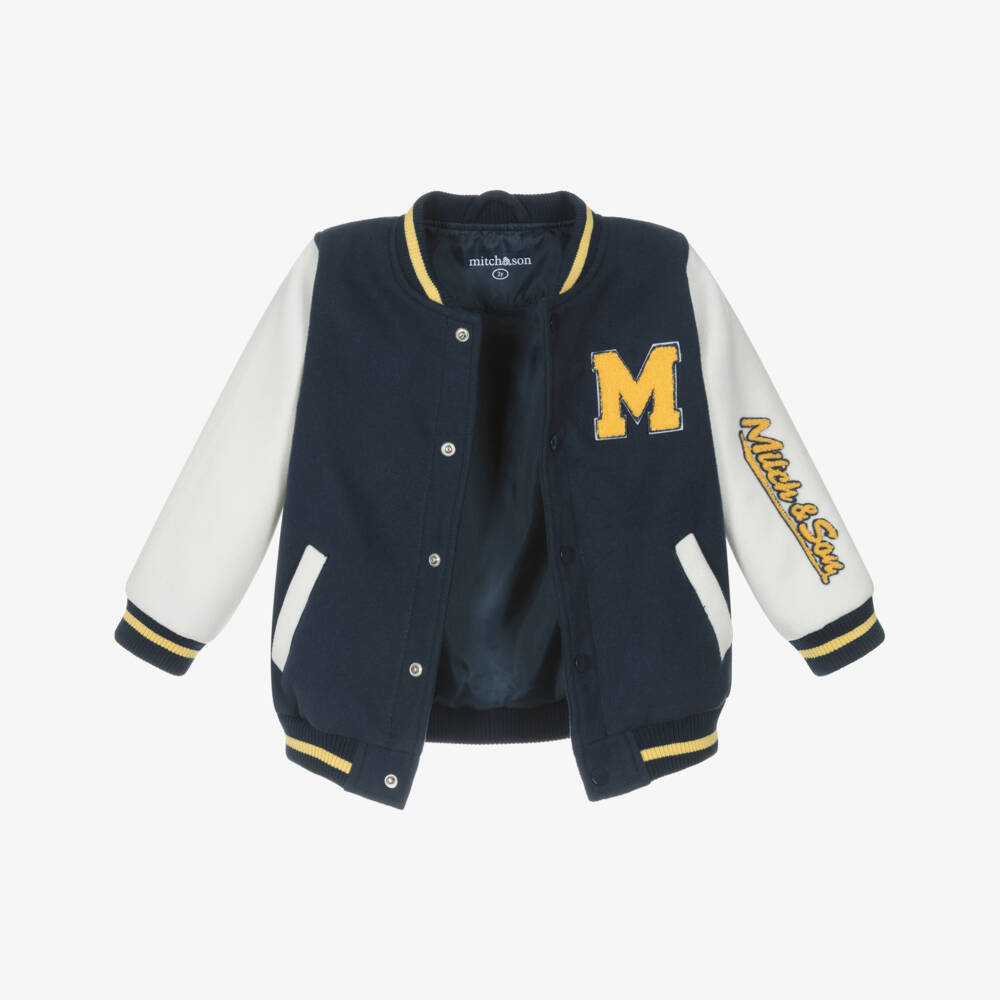 Mitch & Son-Boys Blue & Ivory Felted Varsity Jacket with Bouclé Logos | Childrensalon Outlet
