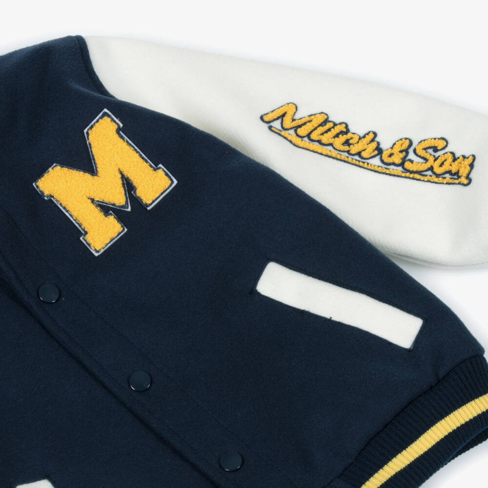 Mitch & Son-Boys Blue & Ivory Felted Varsity Jacket with Bouclé Logos | Childrensalon Outlet