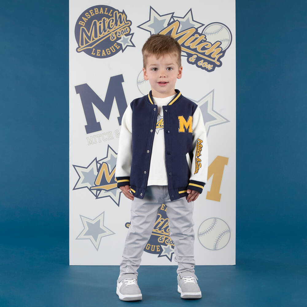 Mitch & Son-Boys Blue & Ivory Felted Varsity Jacket with Bouclé Logos | Childrensalon Outlet
