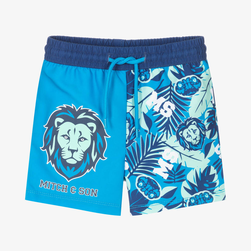 Mitch & Son - Boys Blue Jungle Varsity Logo Swim Shorts  | Childrensalon