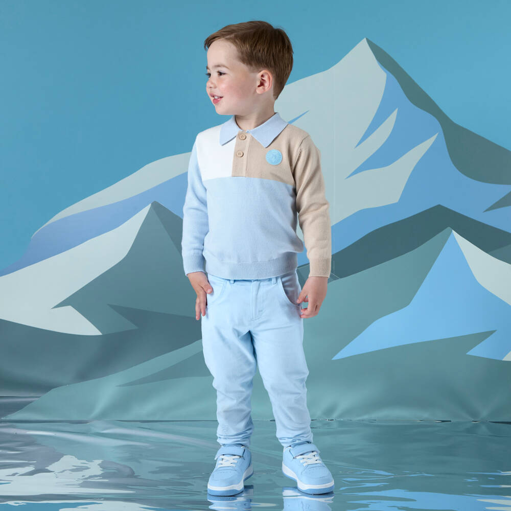 Mitch & Son-Boys Blue, White & Beige Knitted Polo Sweater | Childrensalon Outlet