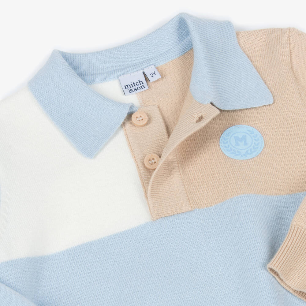 Mitch & Son-Boys Blue, White & Beige Knitted Polo Sweater | Childrensalon Outlet