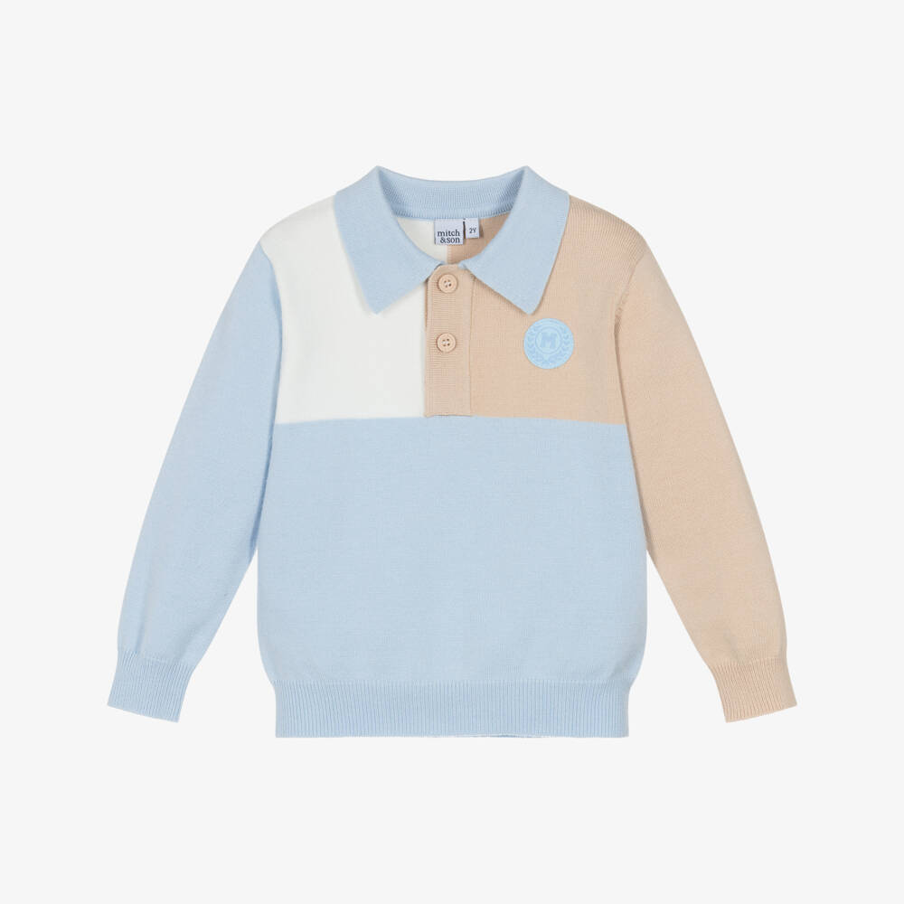 Mitch & Son-Boys Blue, White & Beige Knitted Polo Sweater | Childrensalon Outlet