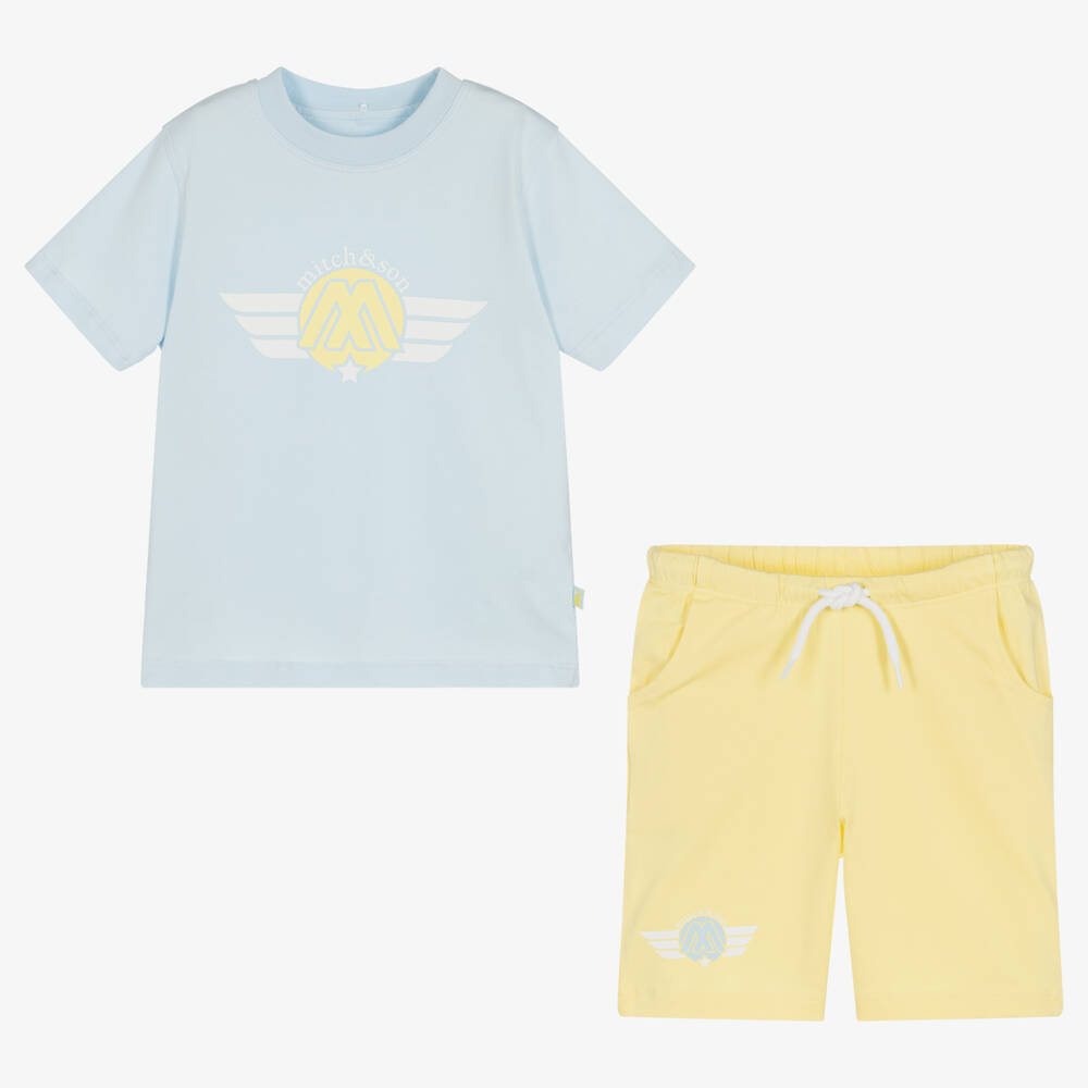 Mitch & Son-طقم شورت قطن جيرسي لون أزرق وأصفر للأولاد | Childrensalon Outlet