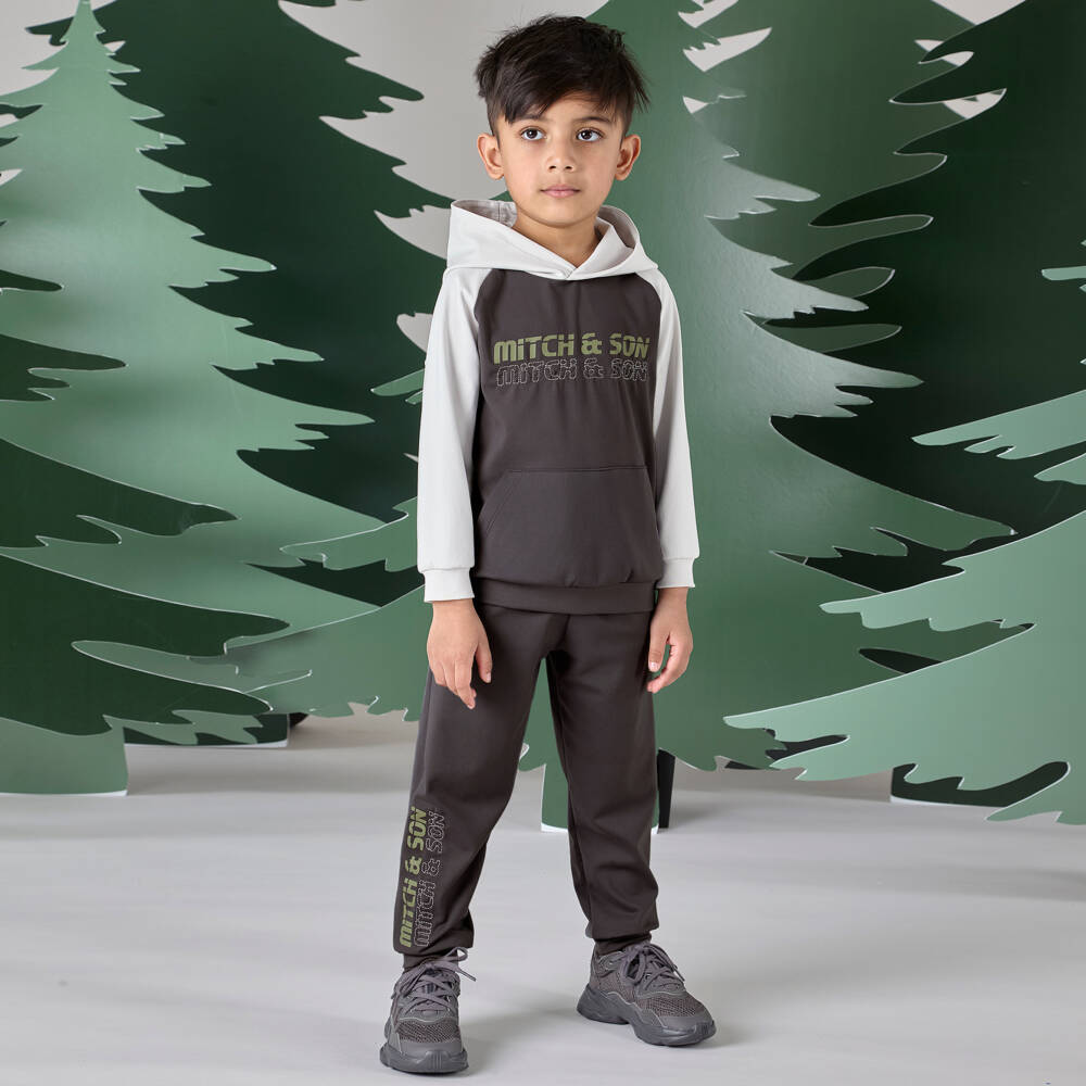 ميتش آند سون-بدلة رياضية هودي لون رمادي داكن للأولاد | Childrensalon Outlet