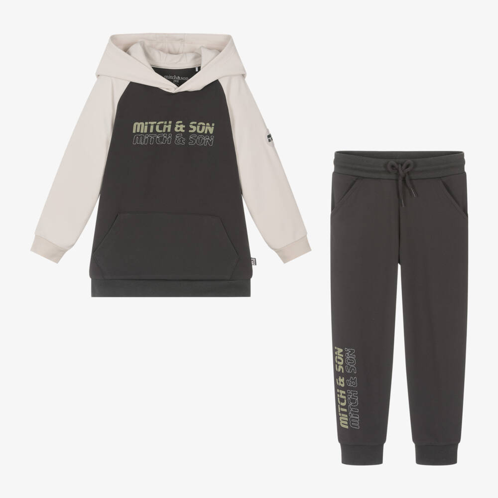 ميتش آند سون-بدلة رياضية هودي لون رمادي داكن للأولاد | Childrensalon Outlet