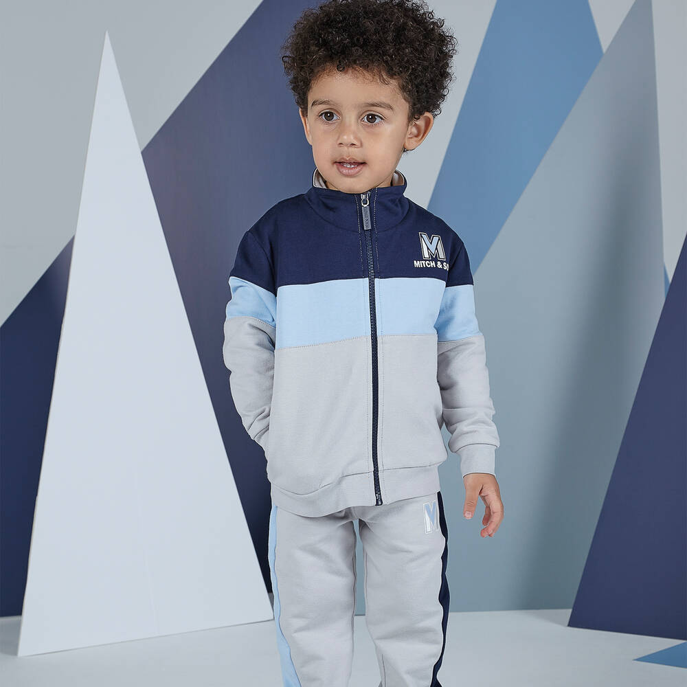 ميتش آند سون-بدلة رياضية قطن جيرسي لون أزرق ورمادي للأولاد | Childrensalon Outlet