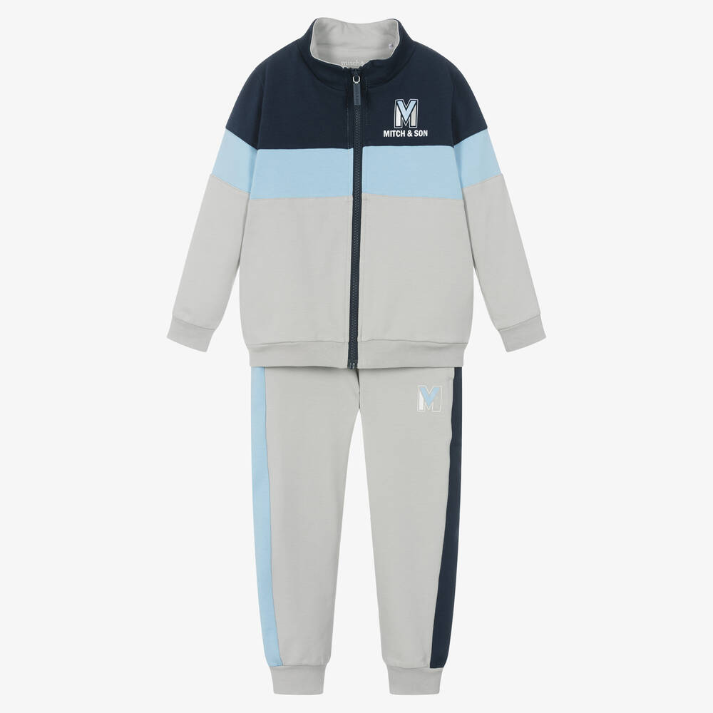 Mitch & Son - Boys Grey & Blue Cotton Jersey Tracksuit | Childrensalon