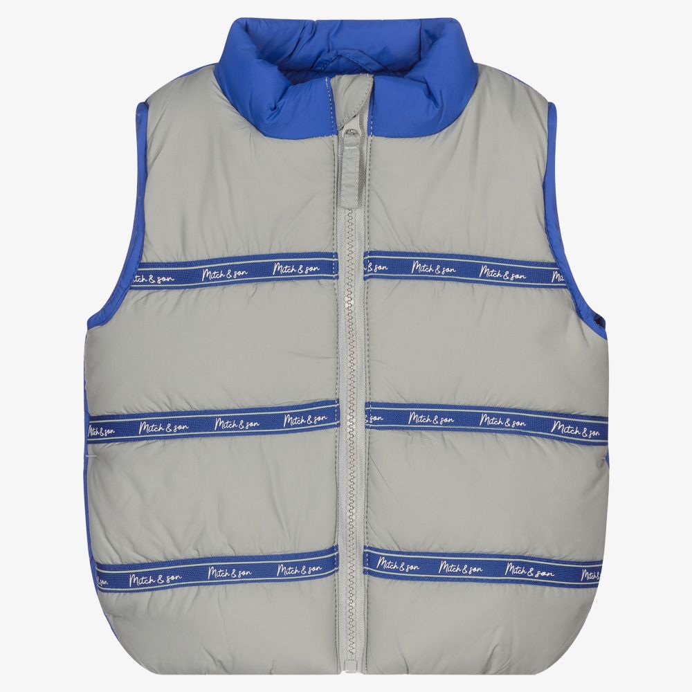 Mitch & Son - Boys Grey & Blue Puffer Gilet | Childrensalon