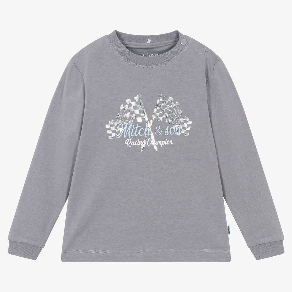Mitch & Son-Boys Grey Cotton Racing Print Top | Childrensalon Outlet