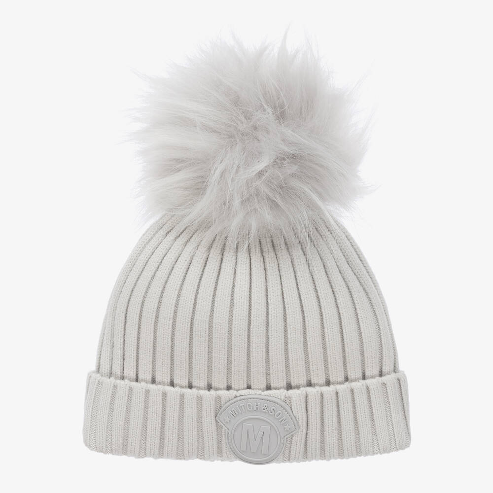 Mitch Son Boys Grey Knitted Faux Fur Pom Pom Hat