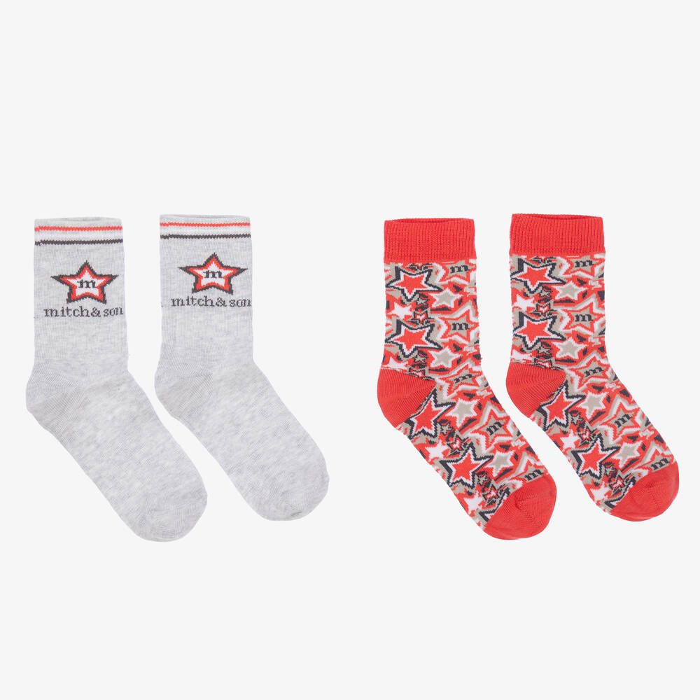 Mitch & Son - Boys Grey & Red Star Socks (2 Pack) | Childrensalon