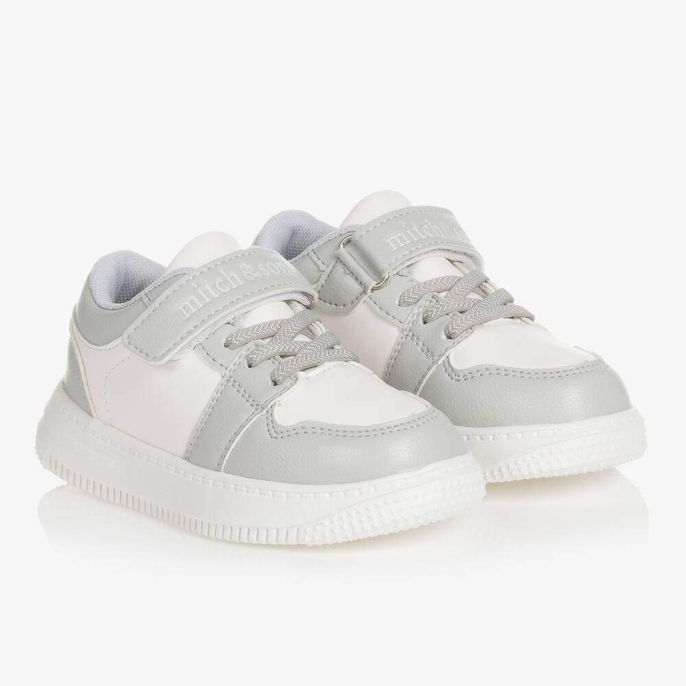 Mitch & Son - Boys Grey & White Velcro Trainers | Childrensalon