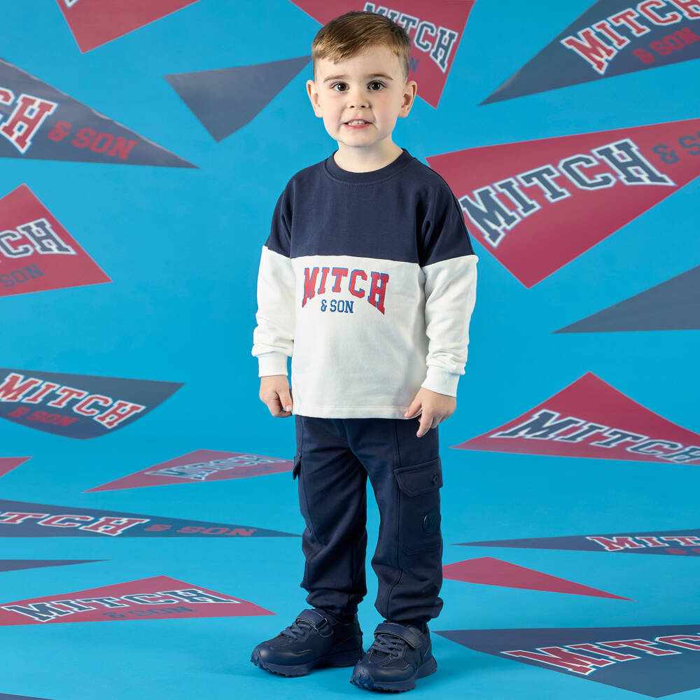Mitch & Son-سويتشيرت بطبعة فارسيتي قطن لون أبيض وكحلي للأولاد | Childrensalon Outlet
