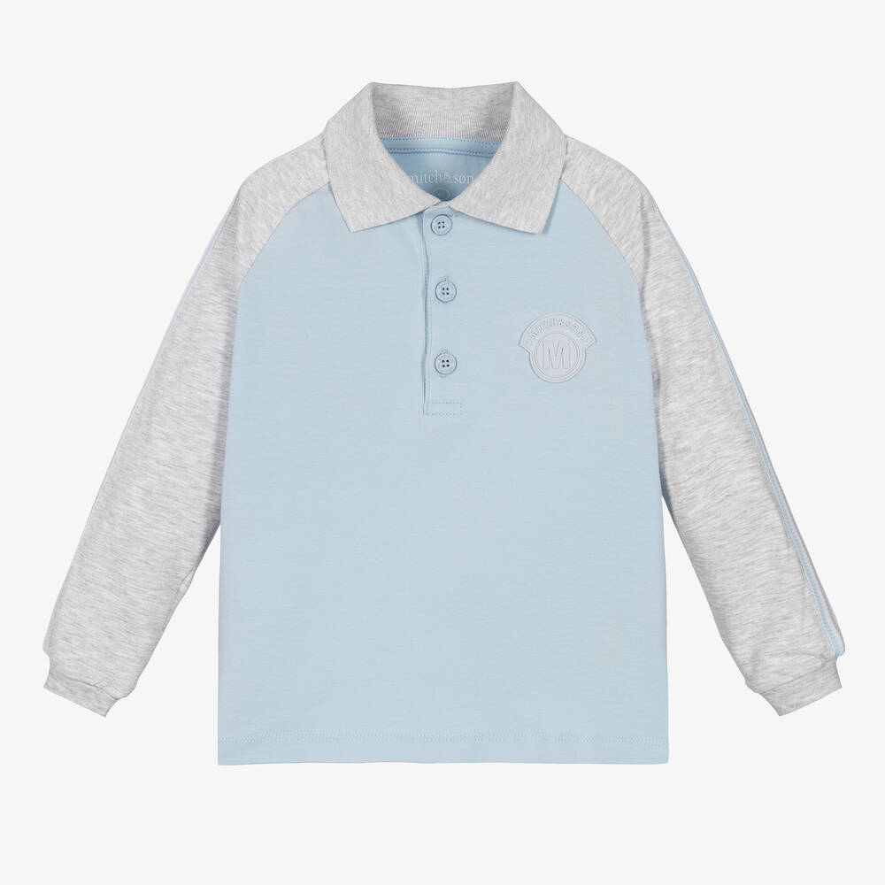 Mitch & Son - Boys Light Blue & Grey Cotton Polo Top | Childrensalon