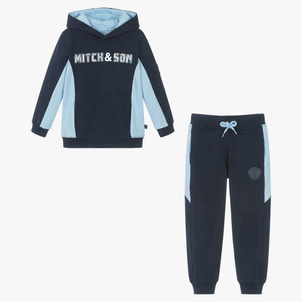 Mitch & Son-Boys Navy Blue Cotton Jersey Tracksuit with Blue Panels | Childrensalon Outlet
