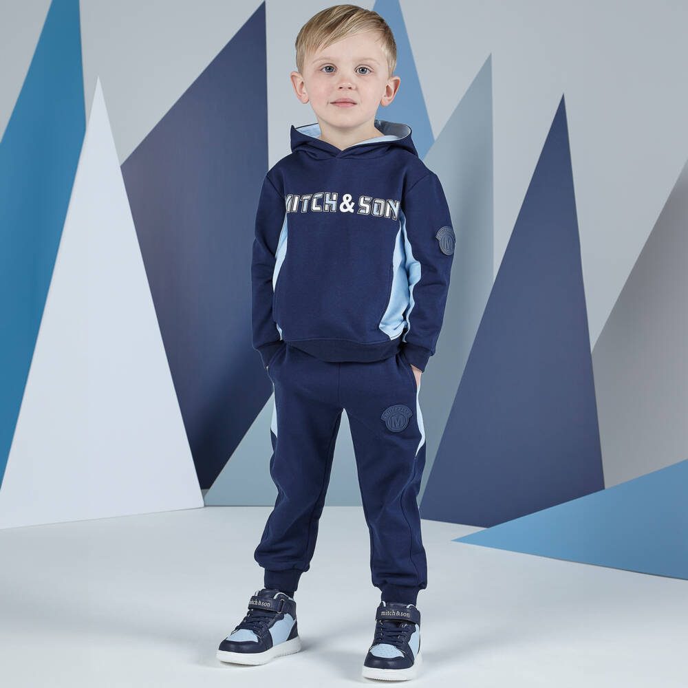 Mitch & Son-Boys Navy Blue Cotton Jersey Tracksuit with Blue Panels | Childrensalon Outlet