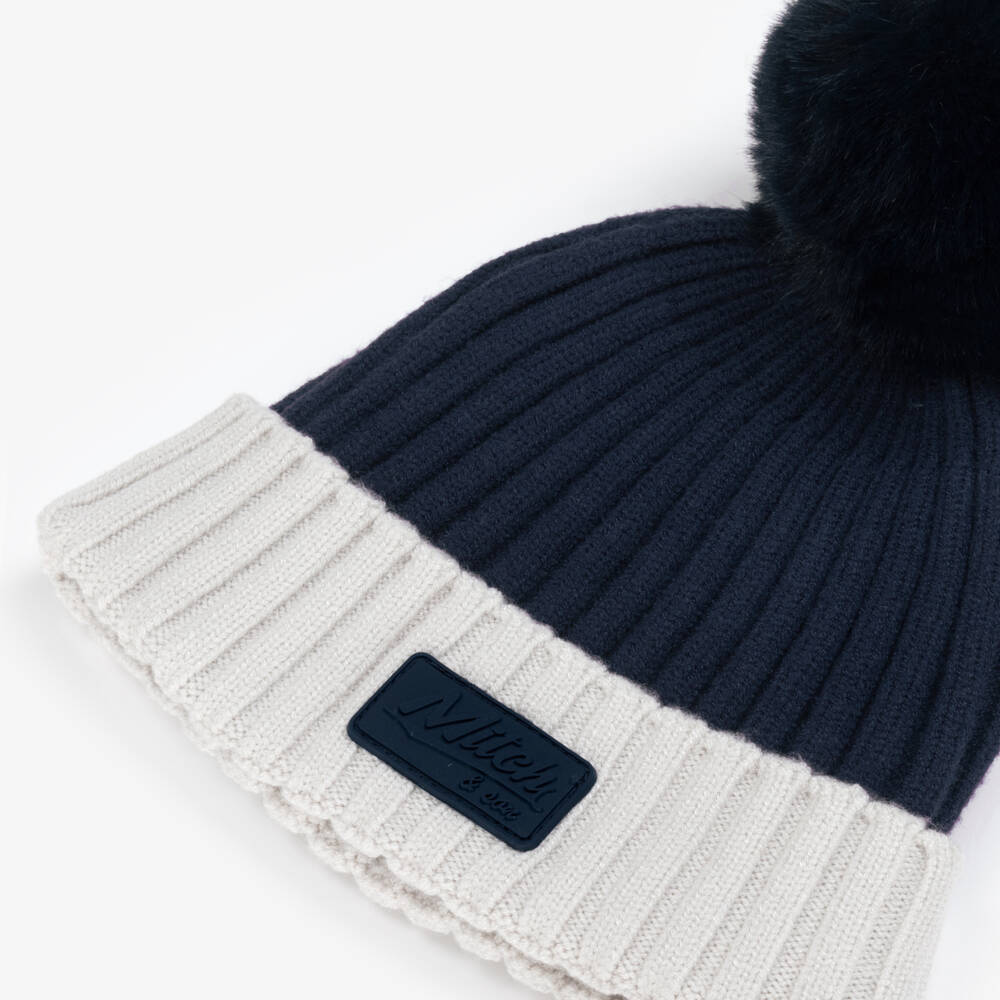 Mitch & Son-Boys Navy Blue & Grey Knitted Hat with Faux Fur Pom-Pom | Childrensalon Outlet