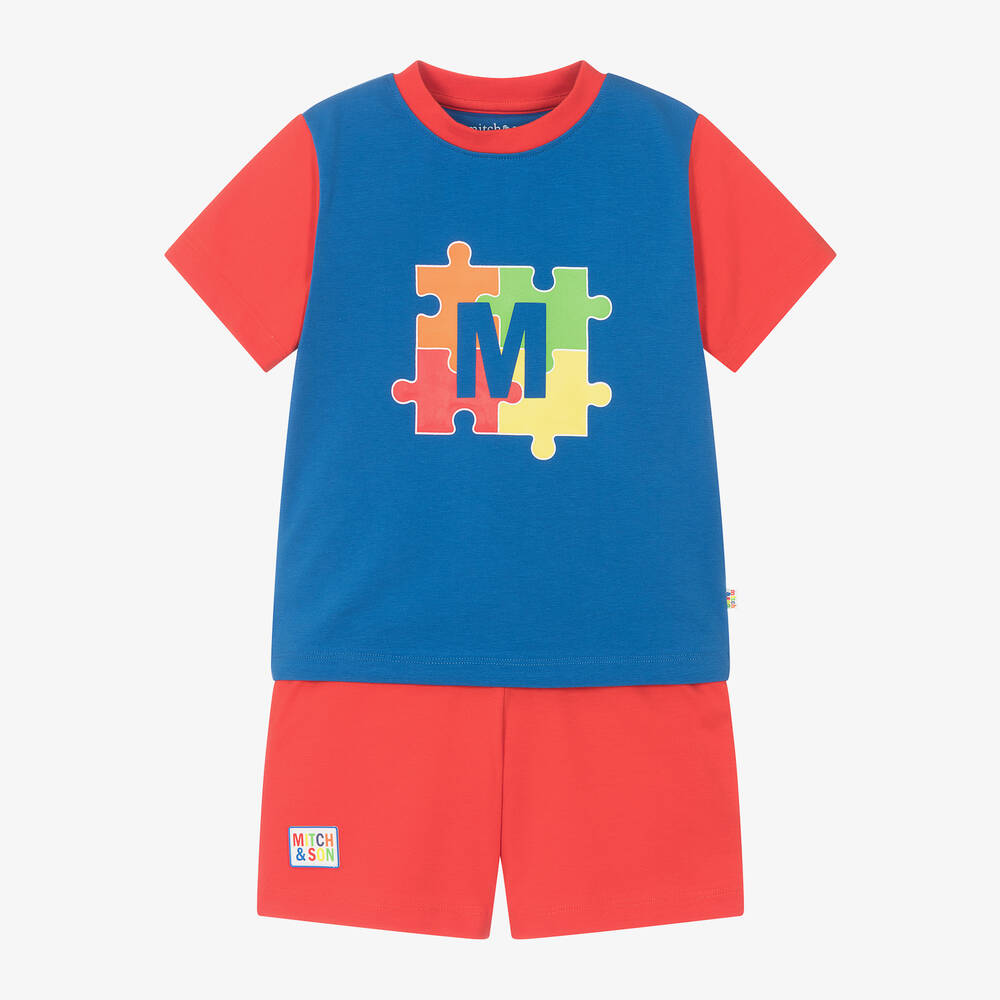 Mitch & Son-Boys Red Puzzle Print Cotton Shorts Set | Childrensalon Outlet