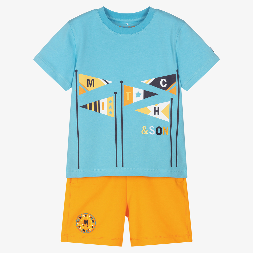Mitch & Son - طقم شورت قطن جيرسي لون برتقالي وأزرق باهت للأولاد | Childrensalon