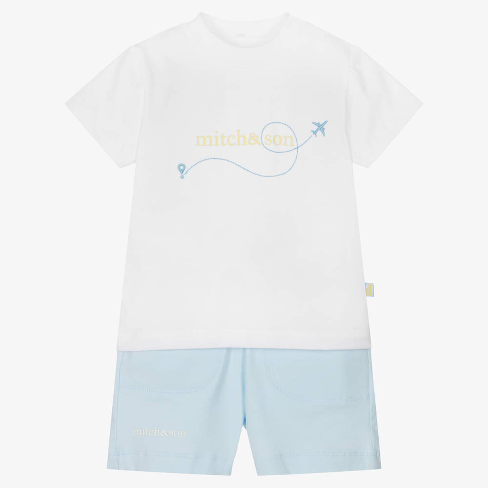 Mitch & Son-Boys White & Blue Cotton Shorts Set | Childrensalon Outlet