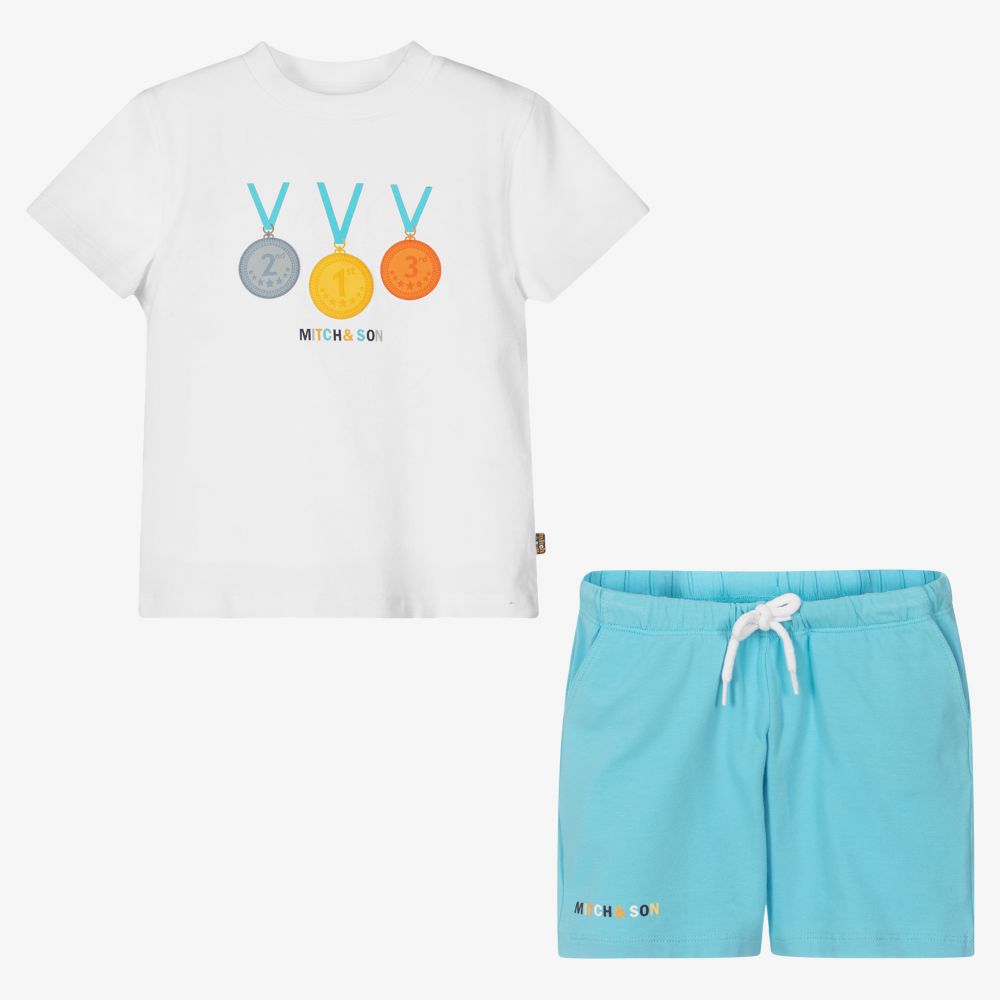 Mitch & Son-طقم شورت قطن جيرسي لون أبيض وأزرق للأولاد | Childrensalon Outlet