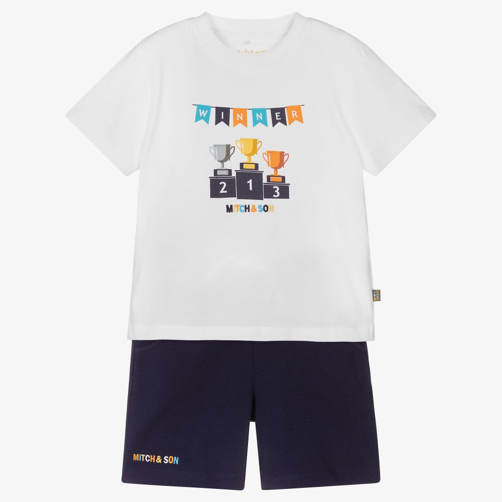Mitch & Son-Белая футболка и синие шорты для мальчиков | Childrensalon Outlet