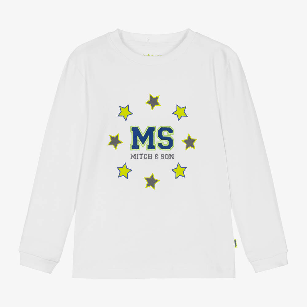 Mitch & Son - Boys White Cotton Jersey Logo Top | Childrensalon