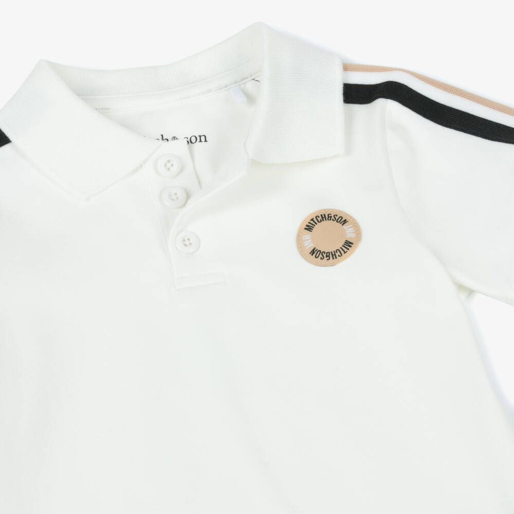 Mitch & Son-Boys White Cotton Striped Trim Polo Shirt | Childrensalon Outlet