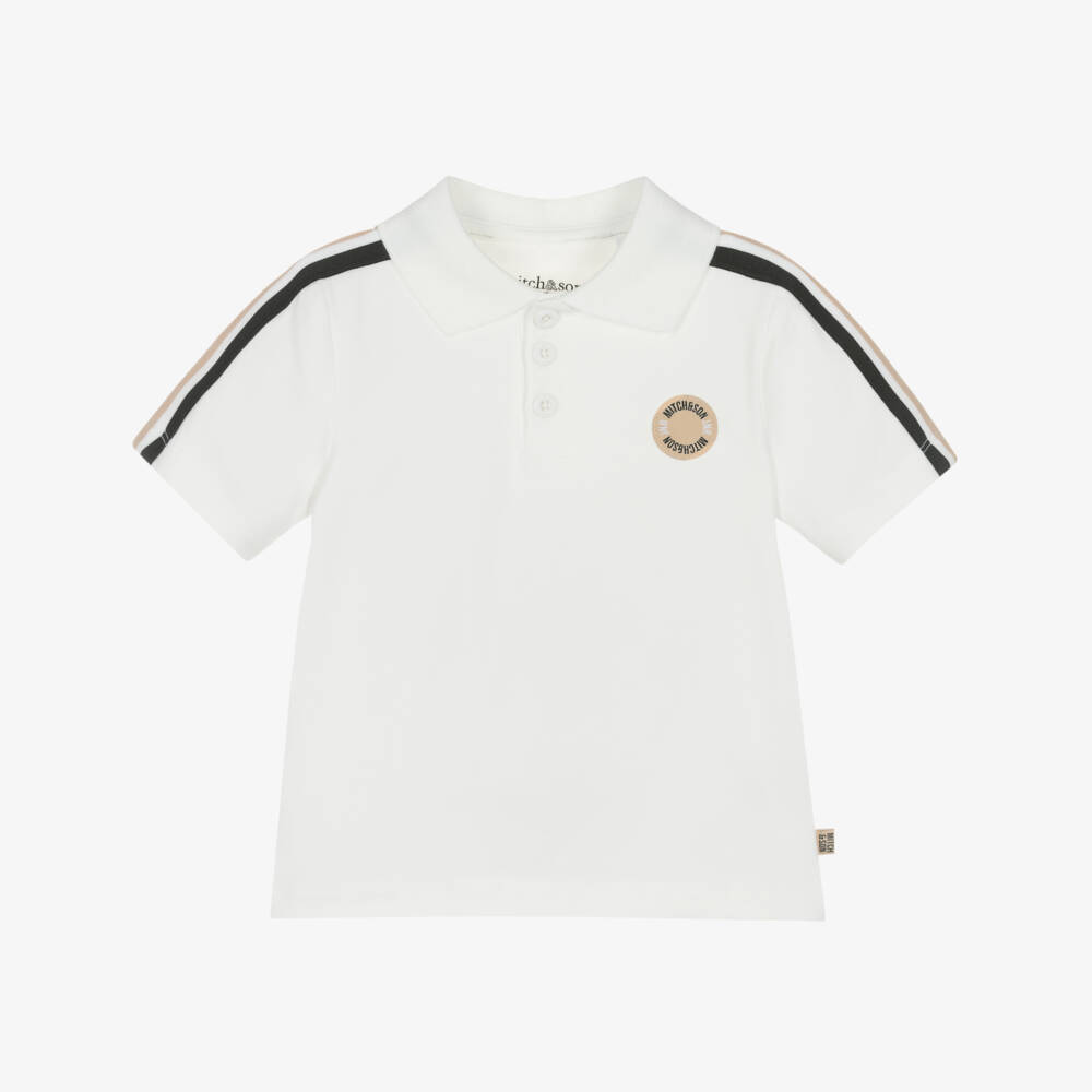 Mitch & Son-Boys White Cotton Striped Trim Polo Shirt | Childrensalon Outlet